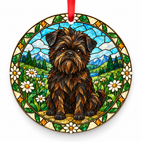 Belge Affenpinscher stained glass style porcelain Christmas ornament with red ribbon