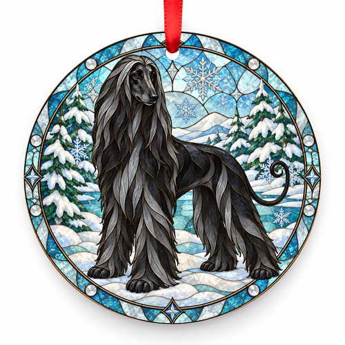 Black Afghan Hound stained glass style porcelain Christmas ornament with red ribbon