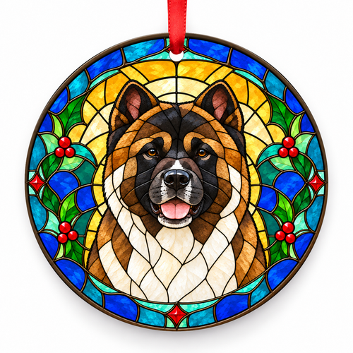 Original American Akita stained glass style porcelain Christmas ornament with red ribbon
