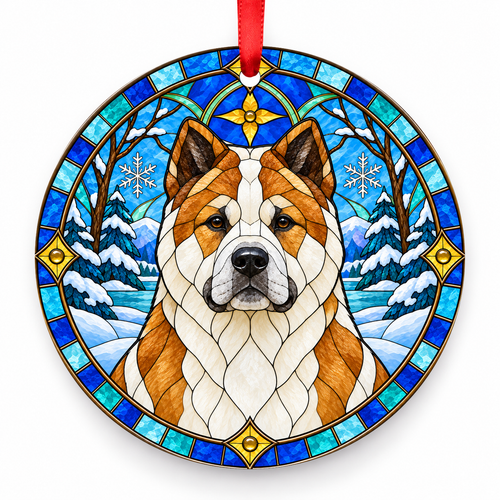 Pinto American Akita stained glass style porcelain Christmas ornament with red ribbon