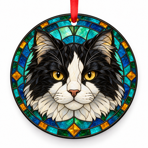 Black White American Bobtail stained glass style porcelain Christmas ornament with red ribbon