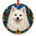 White American Eskimo Dog stained glass style porcelain Christmas ornament with red ribbon