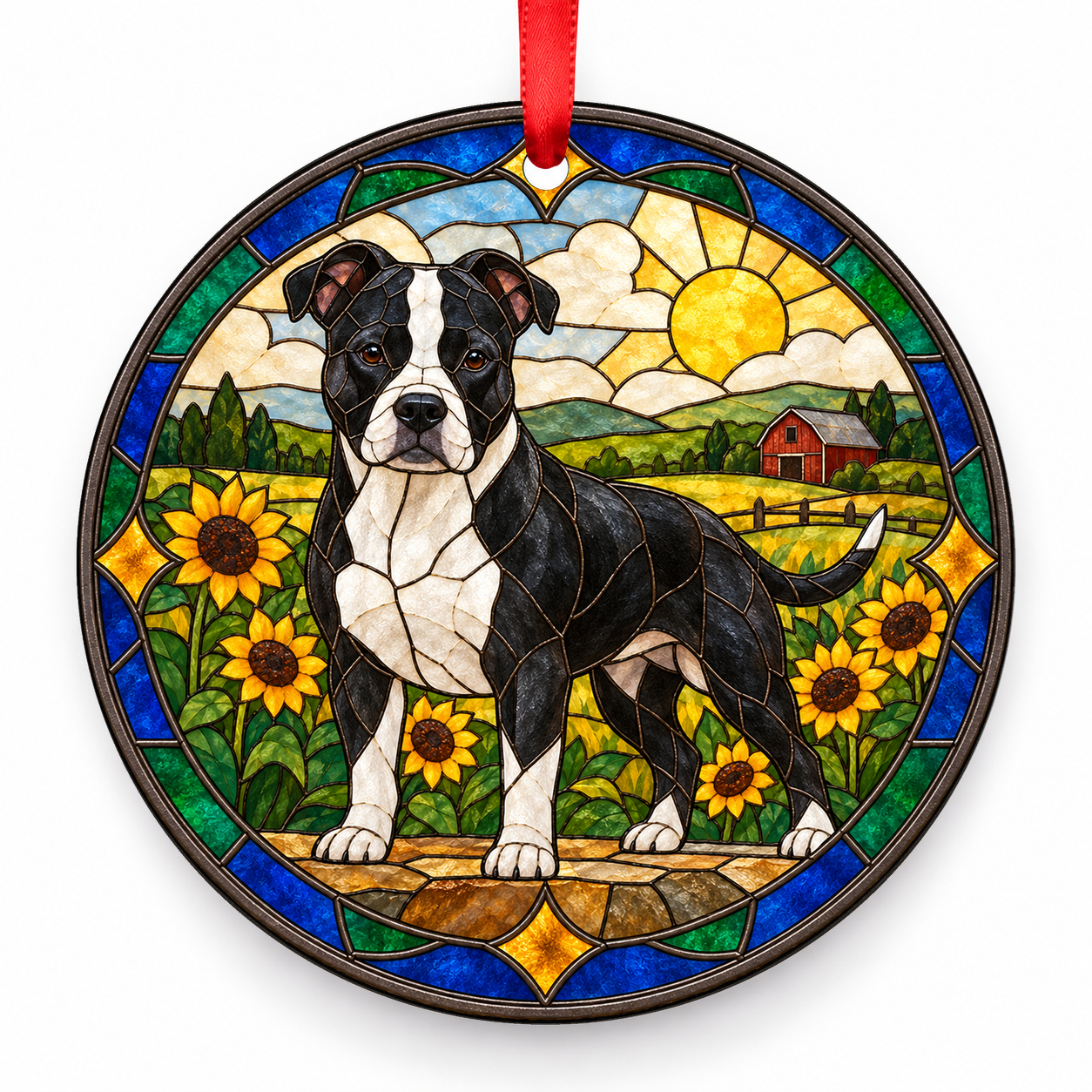 Black White American Staffordshire Terrier stained glass style porcelain Christmas ornament with red ribbon