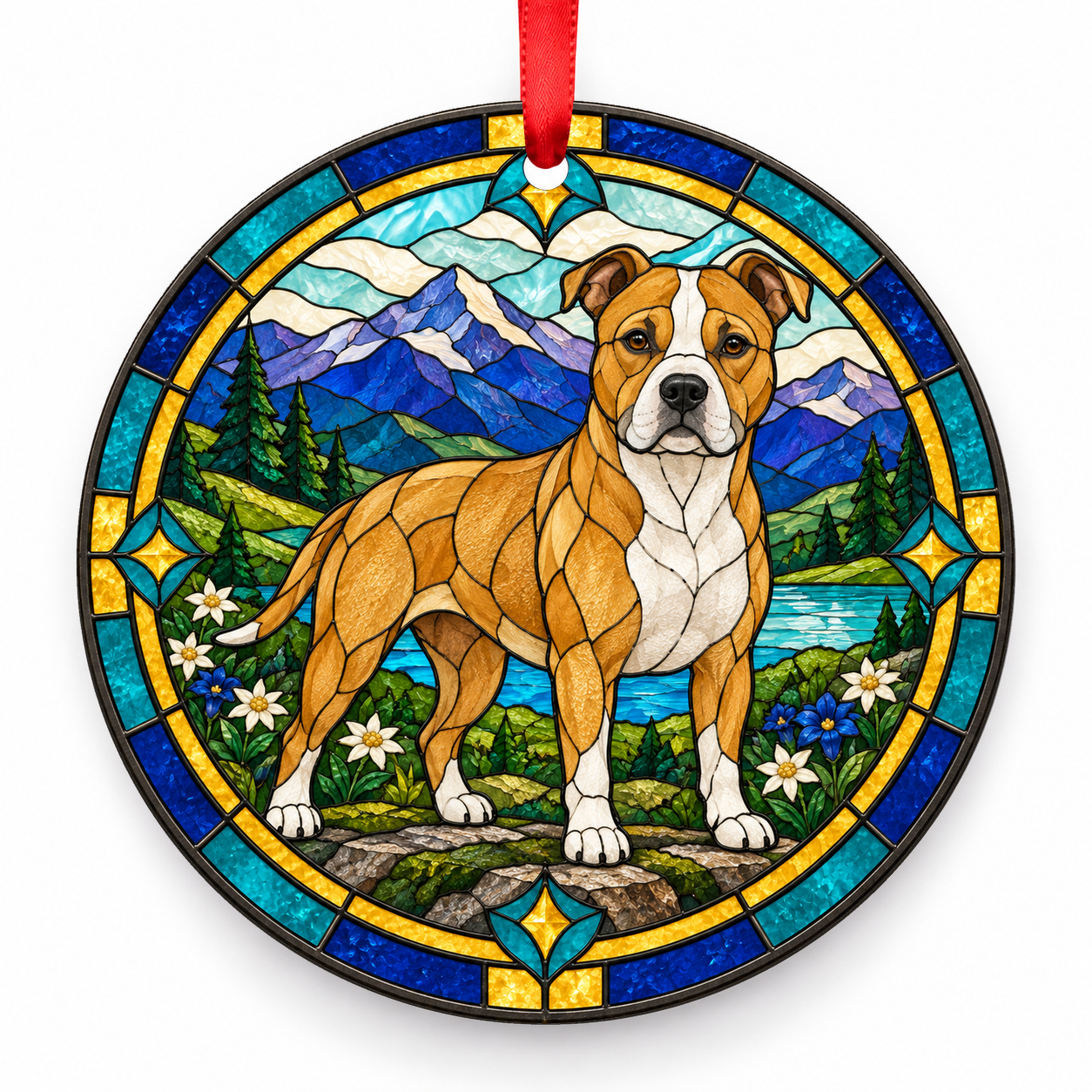 Fawn White American Staffordshire Terrier stained glass style porcelain Christmas ornament with red ribbon