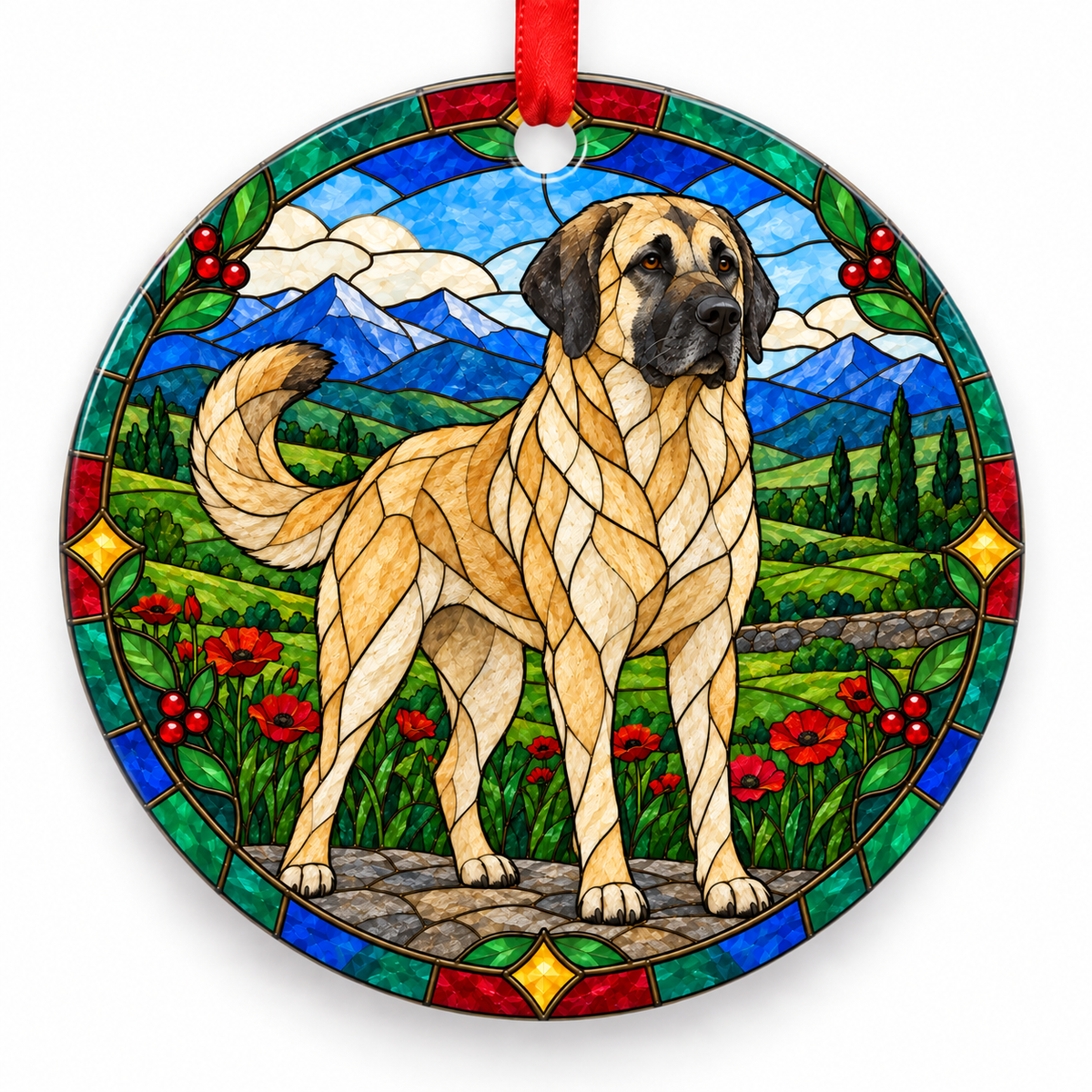 Original Anatolian Shepherd Dog stained glass style porcelain Christmas ornament with red ribbon