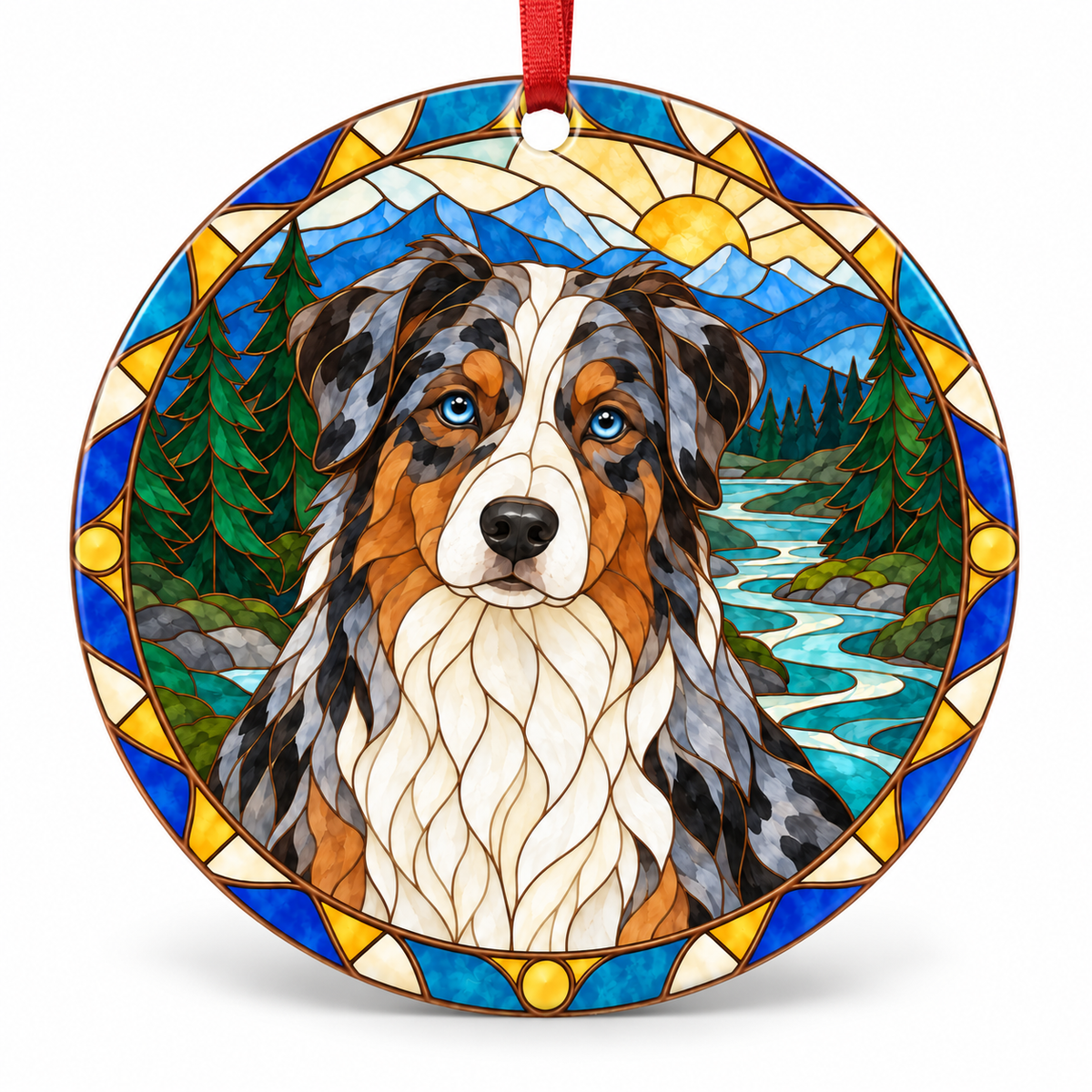 Blue Merle Australian Shepherd stained glass style porcelain Christmas ornament with red ribbon