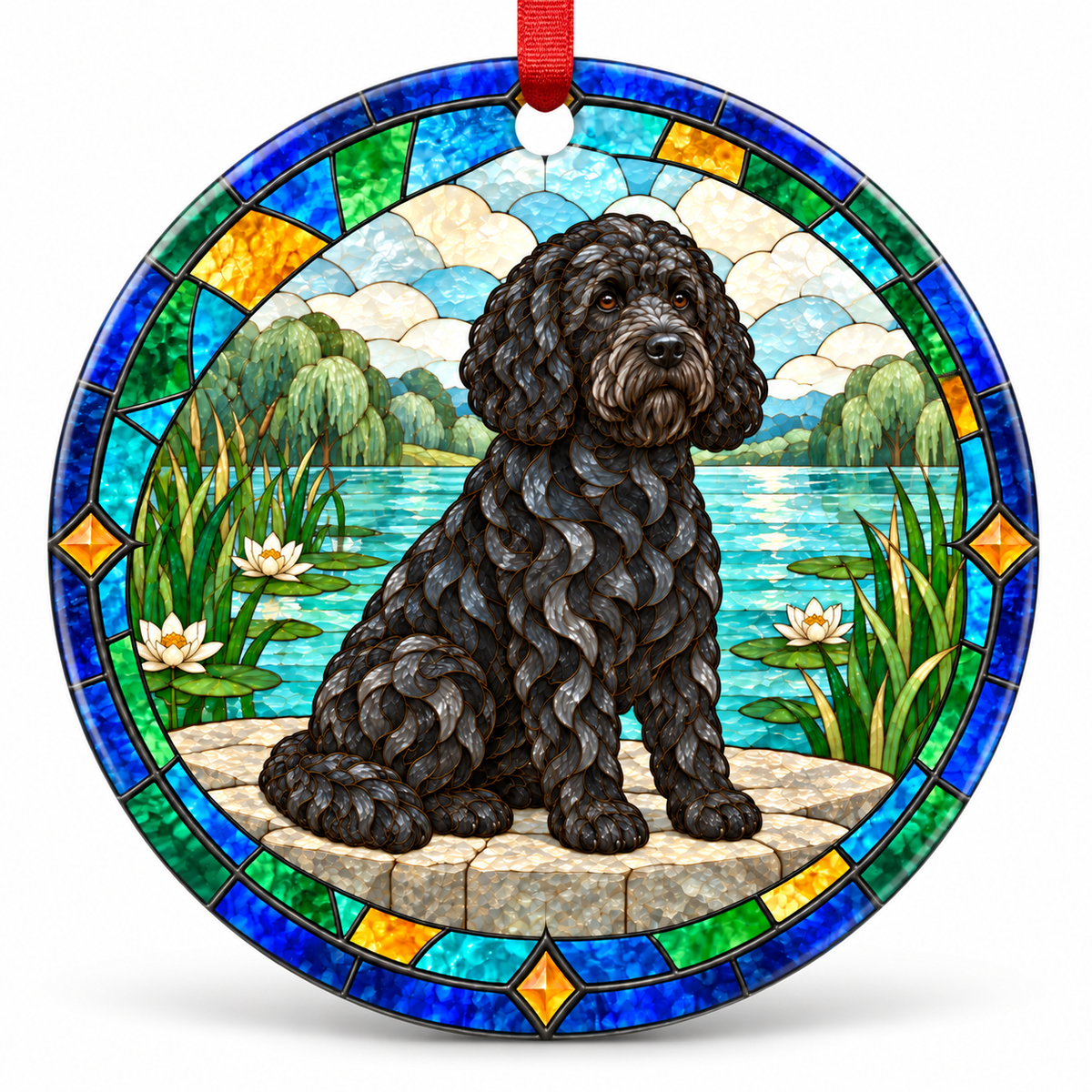 Black Barbet stained glass style porcelain Christmas ornament with red ribbon