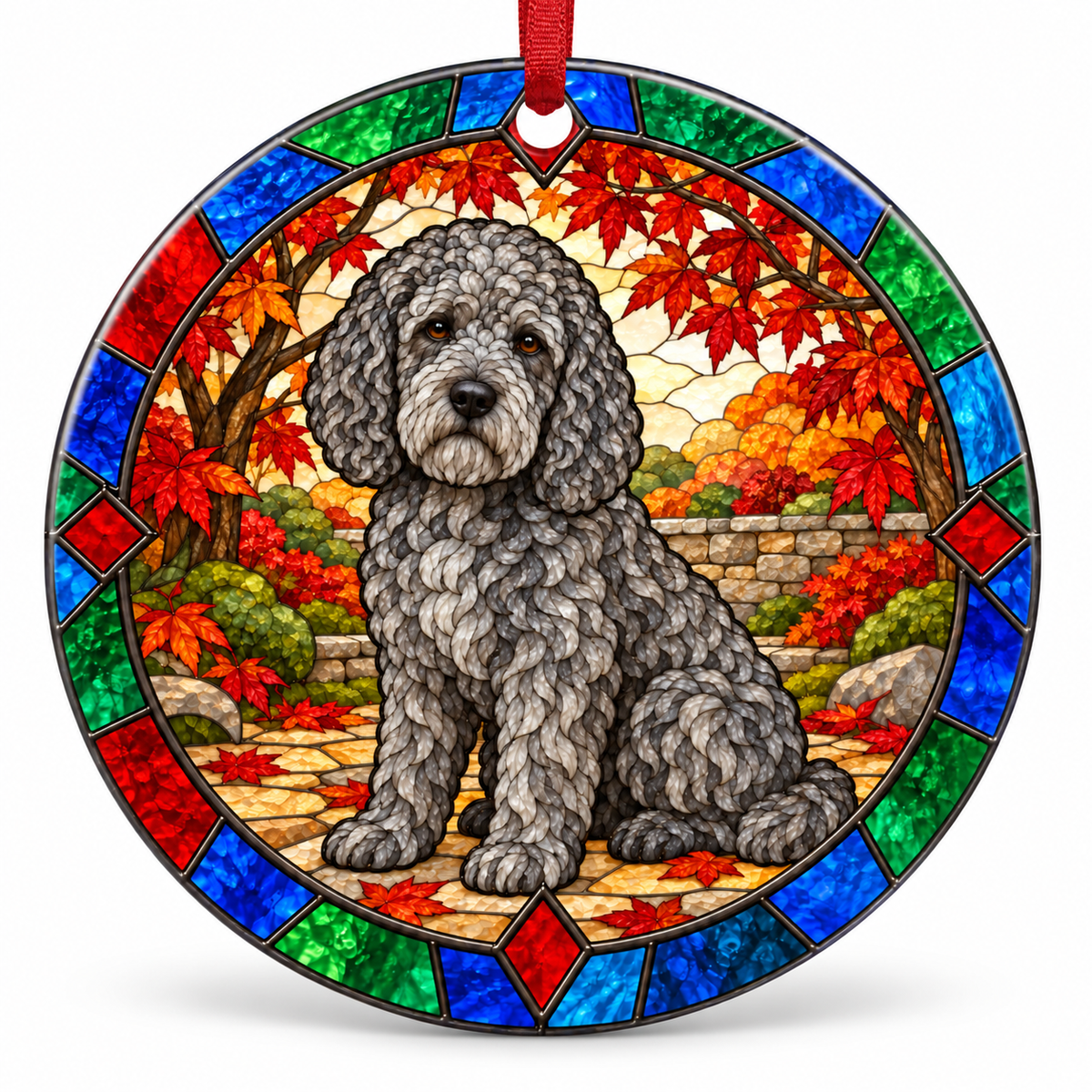 Gray Barbet stained glass style porcelain Christmas ornament with red ribbon