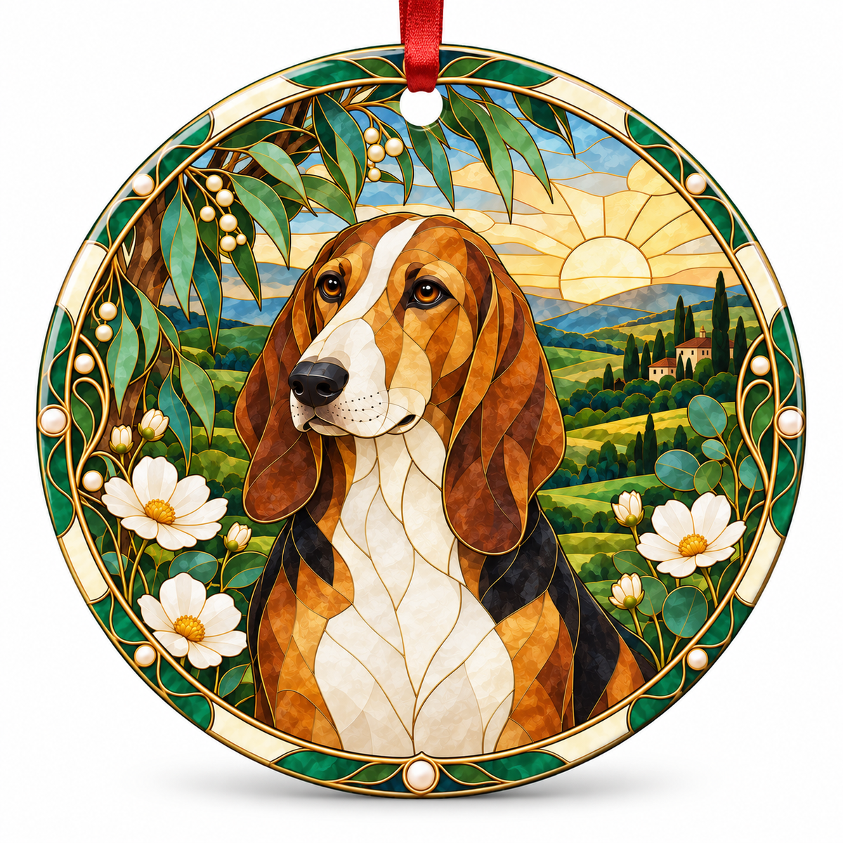Original Basset Artésien Normand stained glass style porcelain Christmas ornament with red ribbon