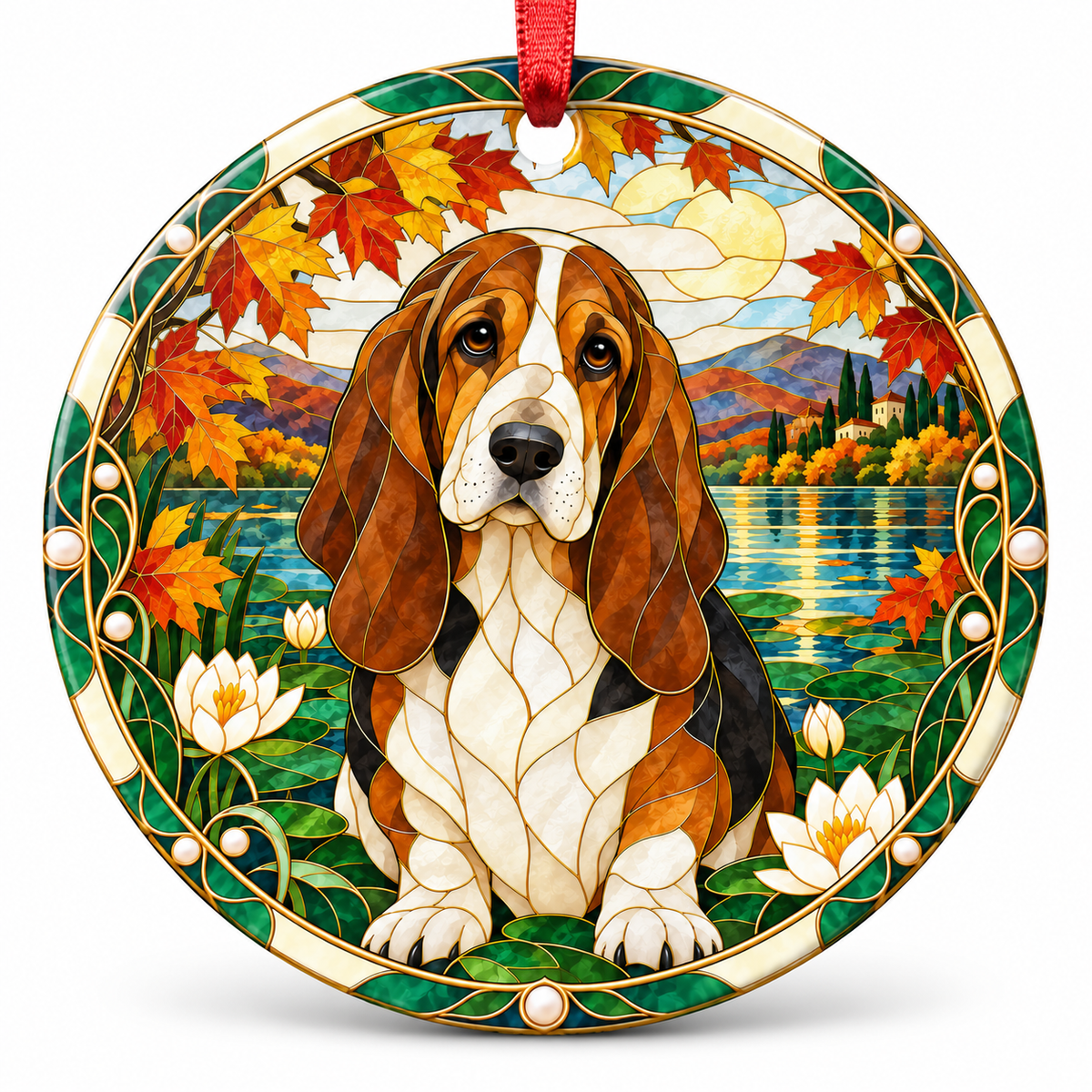 Original Basset Hound stained glass style porcelain Christmas ornament with red ribbon