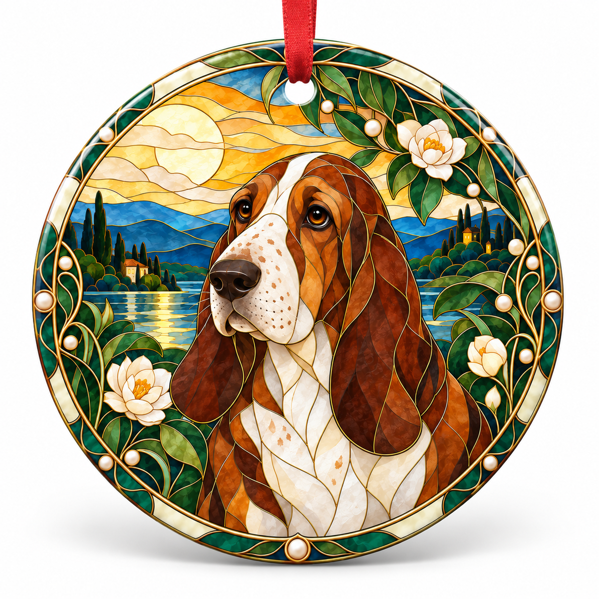 Mahogany And White Basset Hound stained glass style porcelain Christmas ornament with red ribbon
