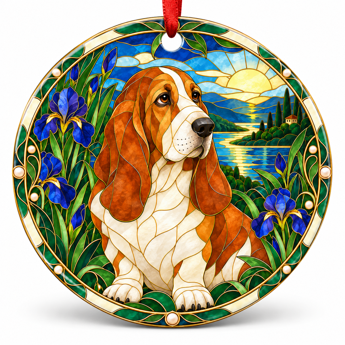 Red And White Basset Hound stained glass style porcelain Christmas ornament with red ribbon