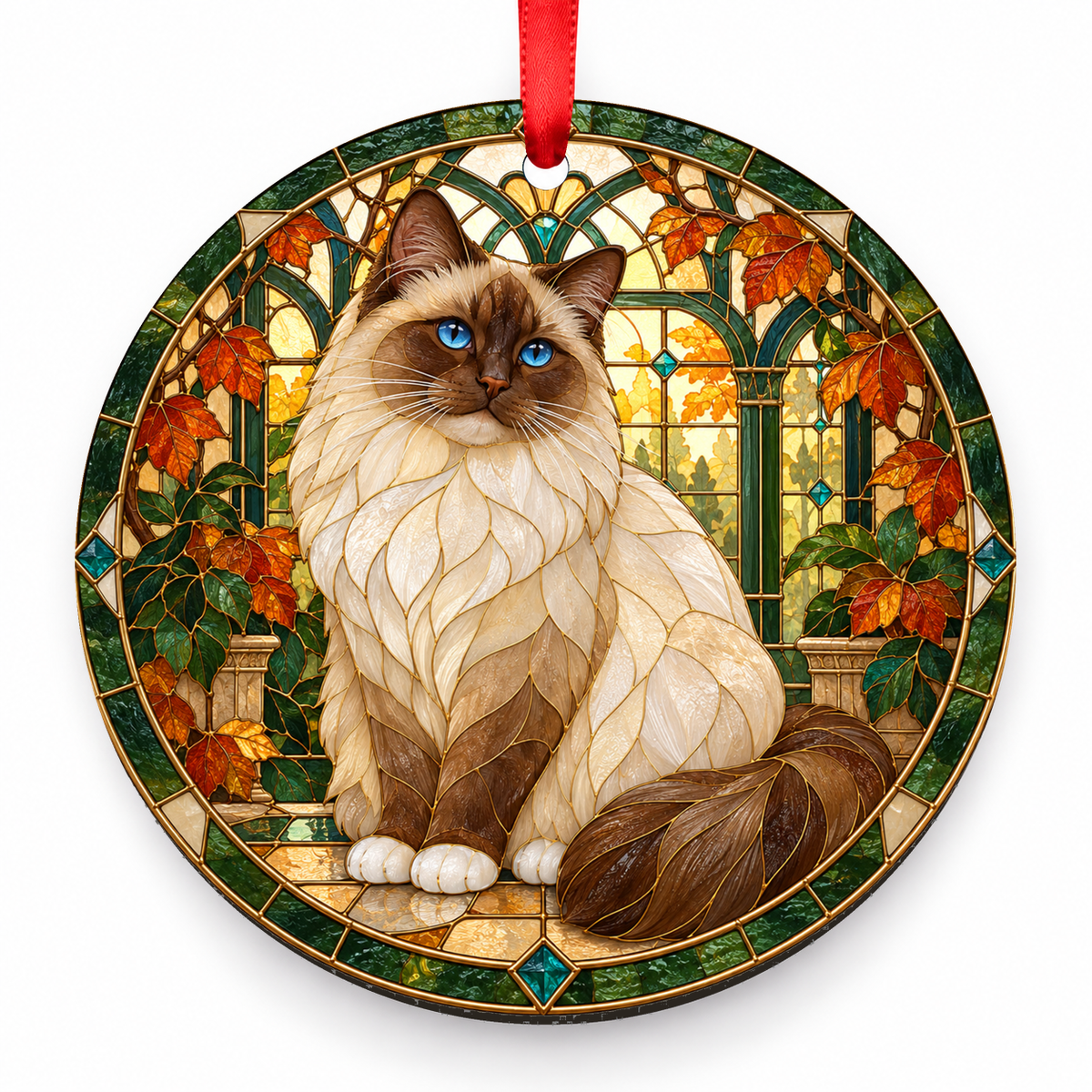 Birman Chocolate Point porcelain Christmas ornament with red ribbon — ORN-10261