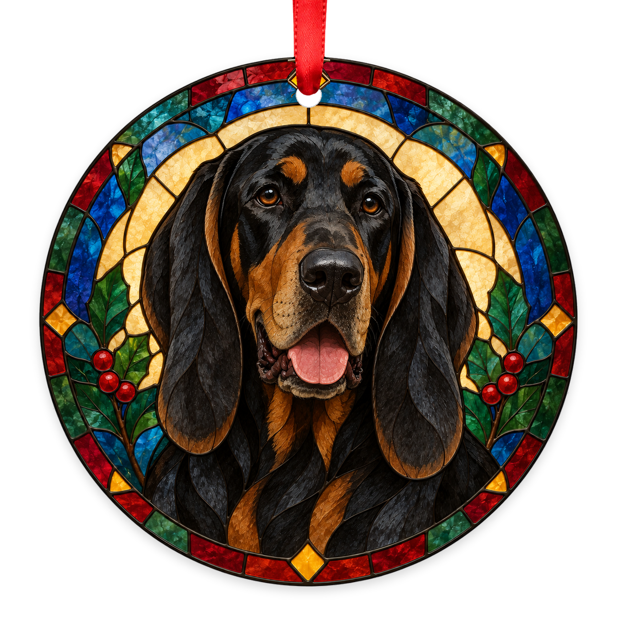 Black and Tan Coonhound stained glass style Christmas ornament