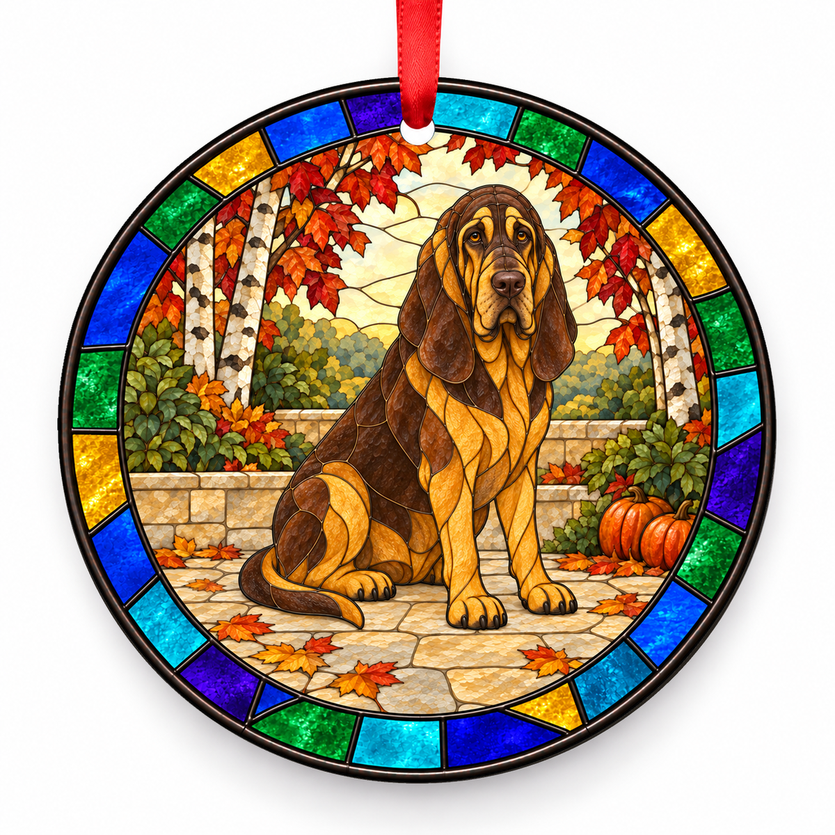 Bloodhound Liver and Tan porcelain Christmas ornament with red ribbon — ORN-10269