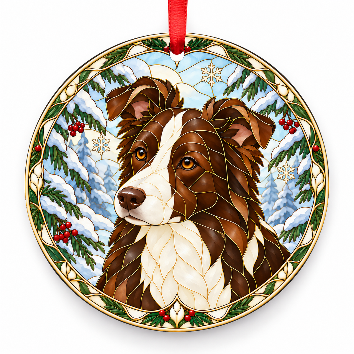 Border Collie Chocolate and White porcelain Christmas ornament with red ribbon — ORN-10285