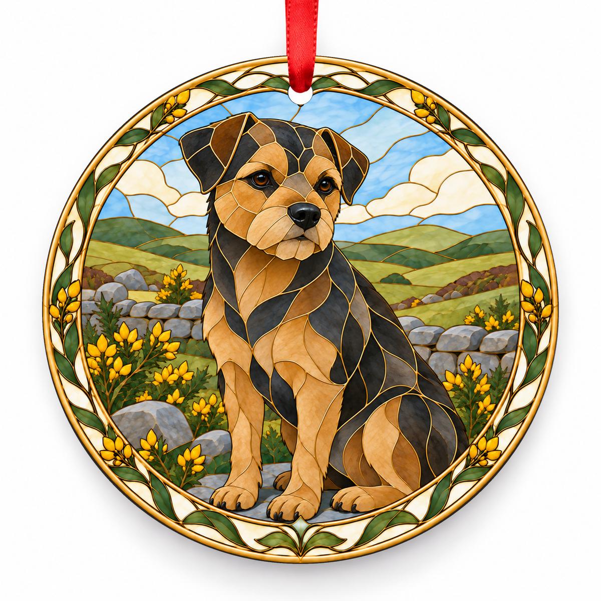 Border Terrier Grizzle and Tan porcelain Christmas ornament with red ribbon — ORN-10290