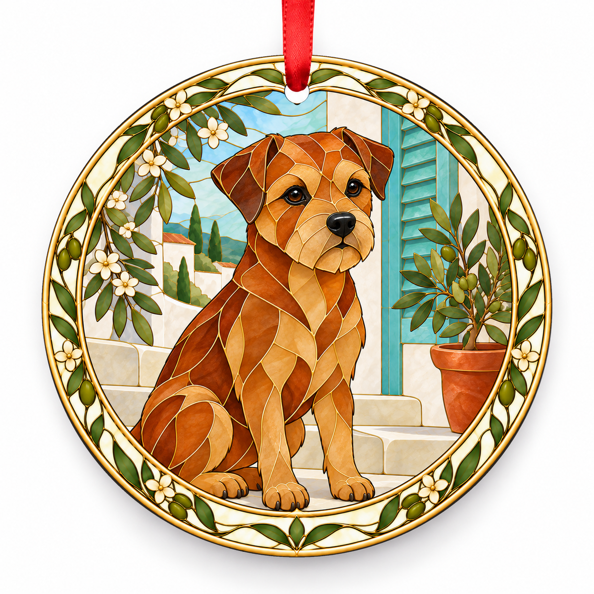 Border Terrier Solid Red porcelain Christmas ornament with red ribbon — ORN-10291