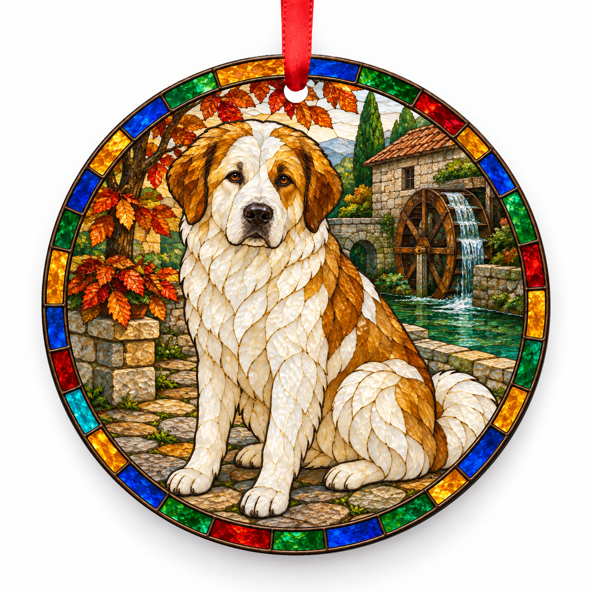 Bosnian and Herzegovinian - Croatian Shepherd Dog (Tornjak) Fawn and White porcelain Christmas ornament with red ribbon — ORN-10299