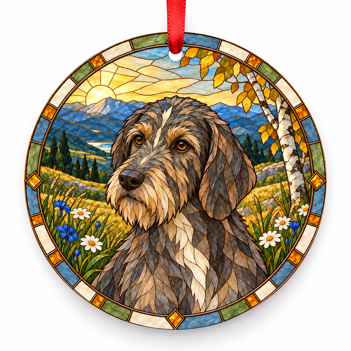 Bosnian Coarse-haired Hound (Barak) Earth Gray porcelain Christmas ornament with red ribbon — ORN-10302