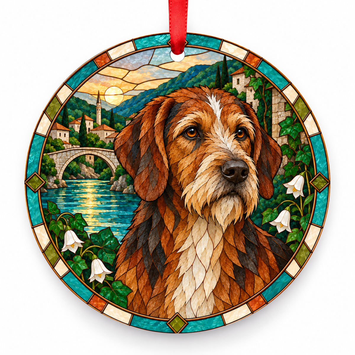 Bosnian Coarse-haired Hound (Barak) Red and White porcelain Christmas ornament with red ribbon — ORN-10303