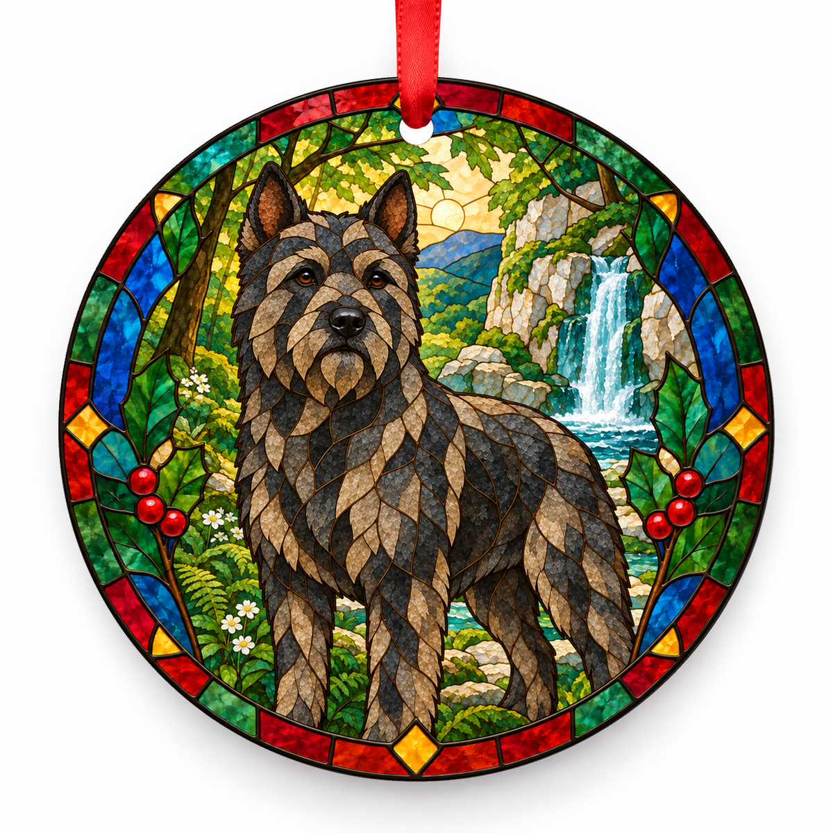 Bouvier des Ardennes Gray and Tan porcelain Christmas ornament with red ribbon — ORN-10312