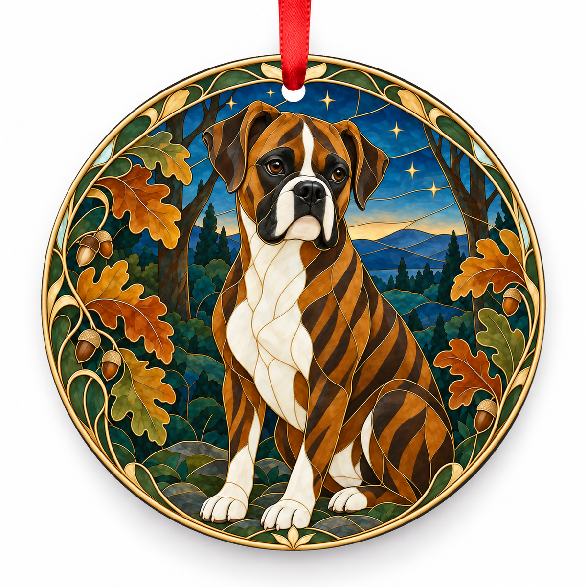Boxer Brindle and White porcelain Christmas ornament with red ribbon — ORN-10317