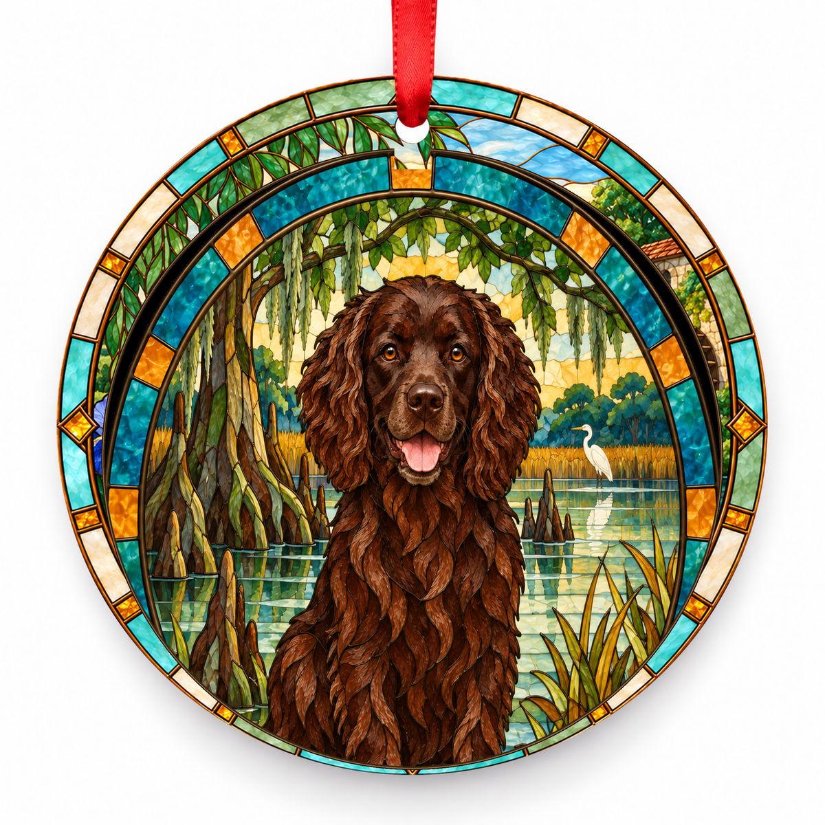 Boykin Spaniel Brown stained glass style Christmas ornament