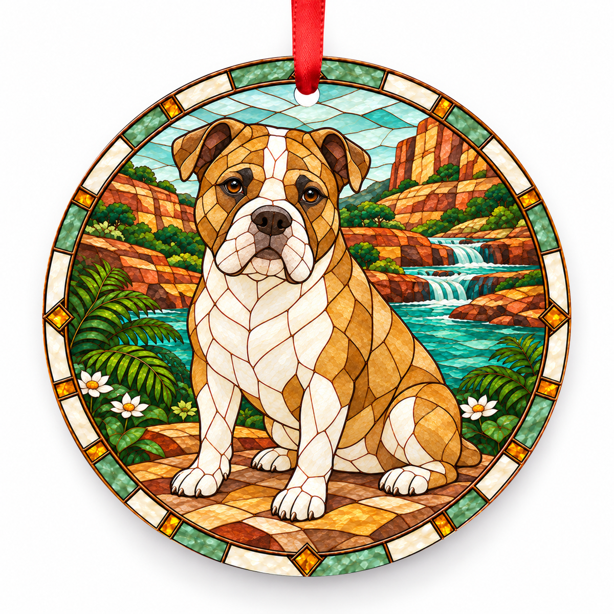 Brazilian Campeiro Bulldog Fawn and White porcelain Christmas ornament with red ribbon — ORN-10323