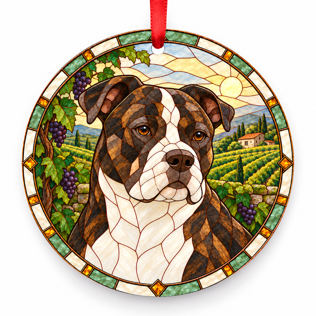 Brazilian Campeiro Bulldog Brindle and White porcelain Christmas ornament with red ribbon — ORN-10324