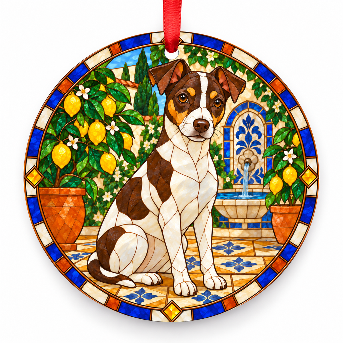 Brazilian Terrier Brown Tricolor porcelain Christmas ornament with red ribbon — ORN-10326