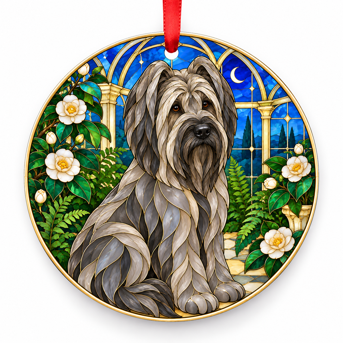 Briard Gray porcelain Christmas ornament with red ribbon — ORN-10334