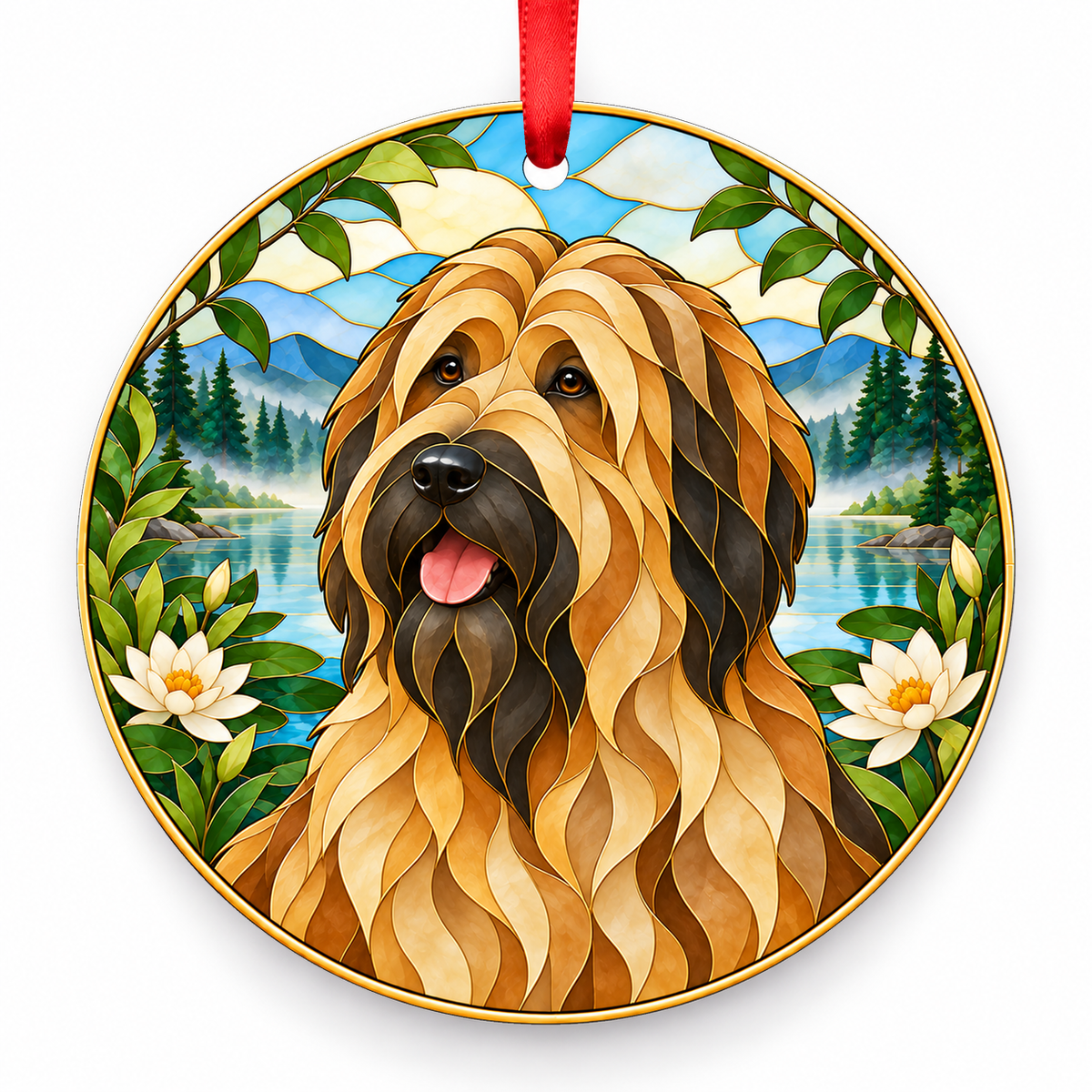 Briard Fawn porcelain Christmas ornament with red ribbon — ORN-10335