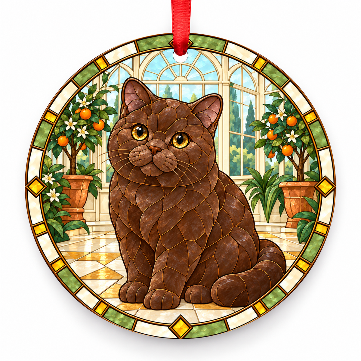 British Shorthair Chocolate porcelain Christmas ornament with red ribbon — ORN-10344