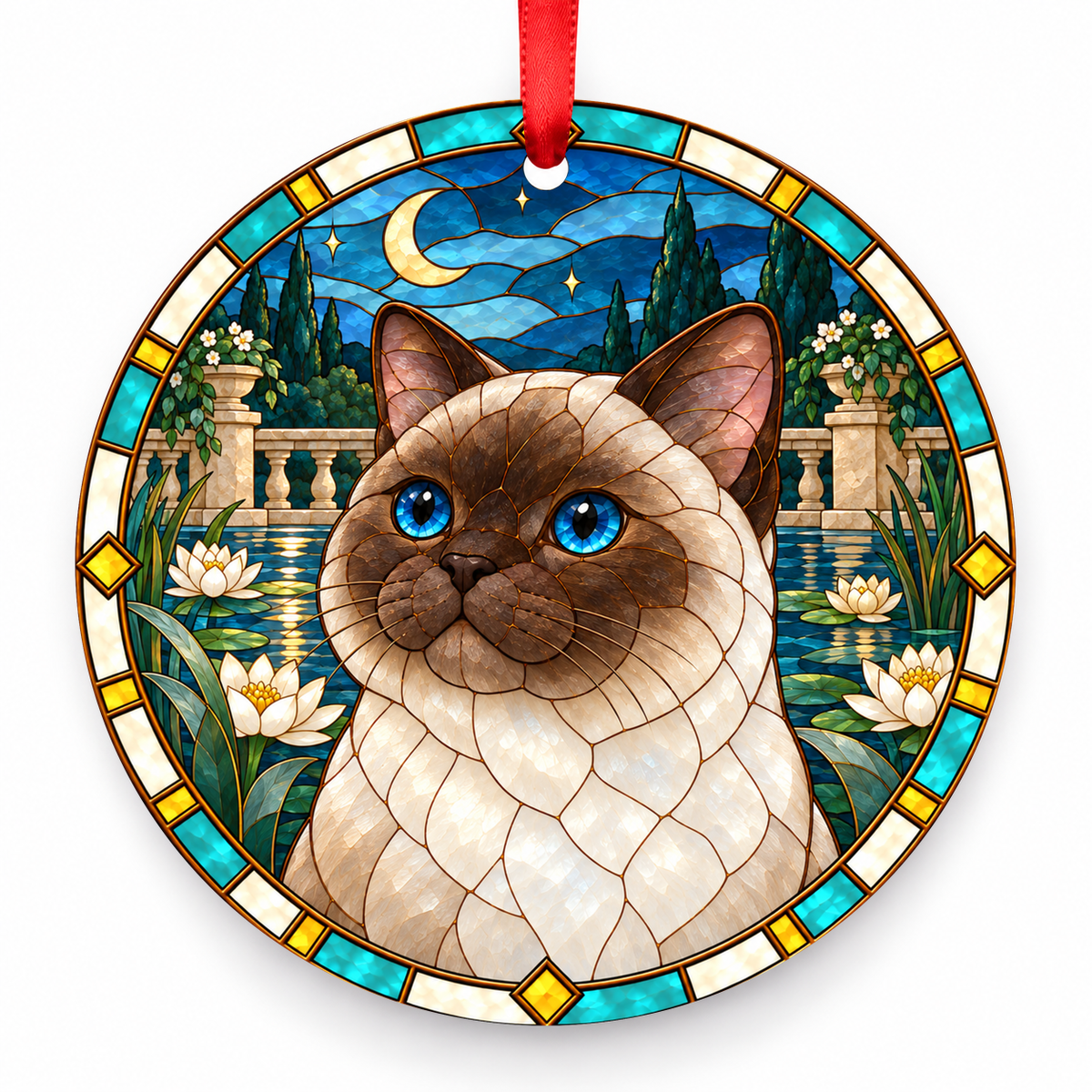 British Shorthair Colorpoint porcelain Christmas ornament with red ribbon — ORN-10345