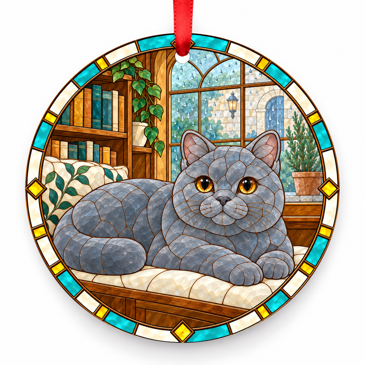 British Shorthair Blue porcelain Christmas ornament with red ribbon — ORN-10349