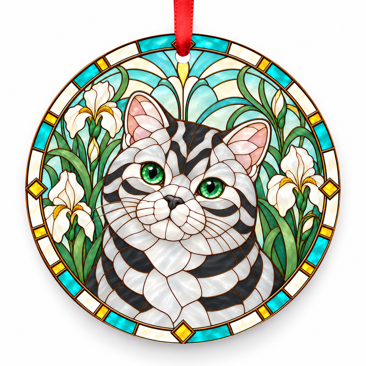 British Shorthair Silver Tabby porcelain Christmas ornament with red ribbon — ORN-10351