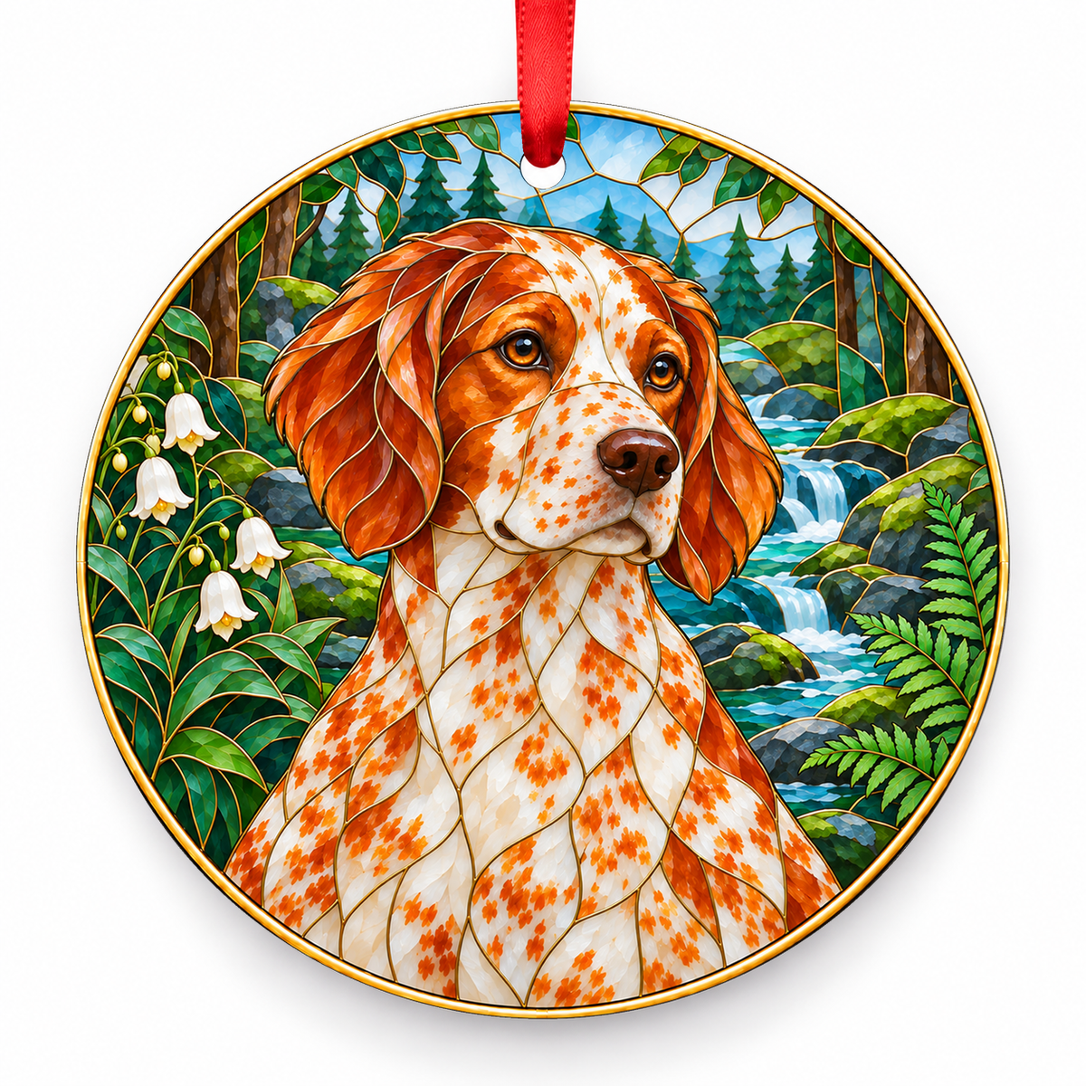 Brittany Orange Roan porcelain Christmas ornament with red ribbon — ORN-10355