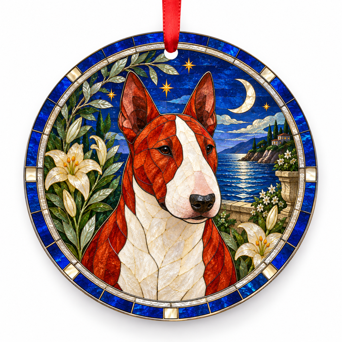 Bull Terrier Red and White porcelain Christmas ornament with red ribbon — ORN-10366