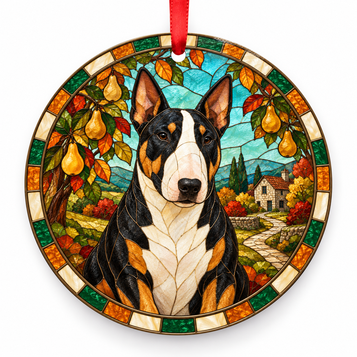 Bull Terrier Tricolor porcelain Christmas ornament with red ribbon — ORN-10367