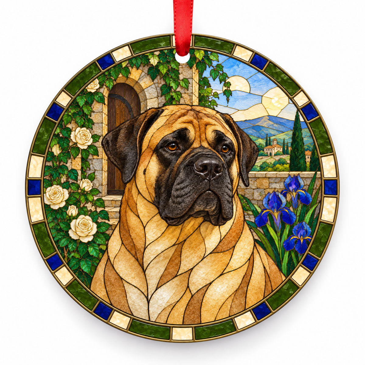 Bullmastiff Fawn porcelain Christmas ornament with red ribbon — ORN-10369