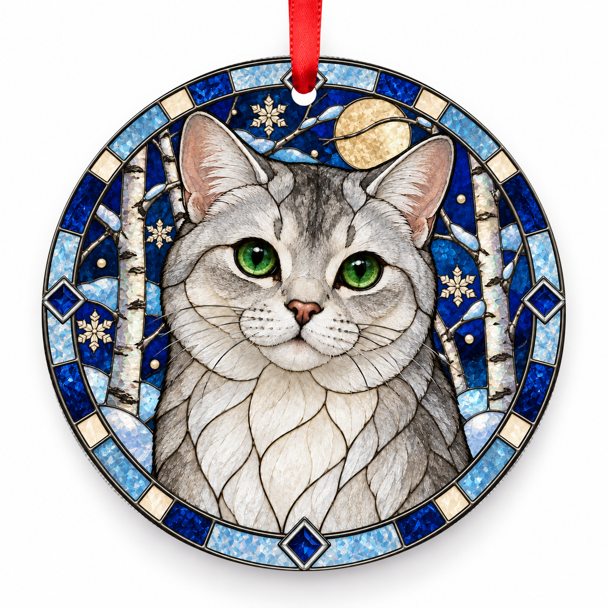 Burmilla Silver Shaded porcelain Christmas ornament with red ribbon — ORN-10379