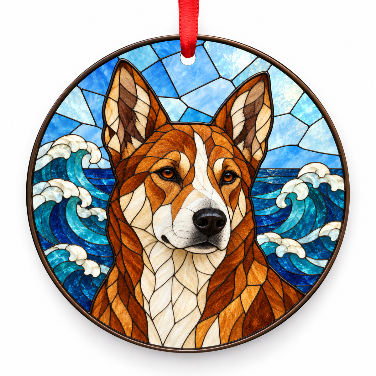 Canaan Dog Red Brown and White porcelain Christmas ornament with red ribbon — ORN-10388