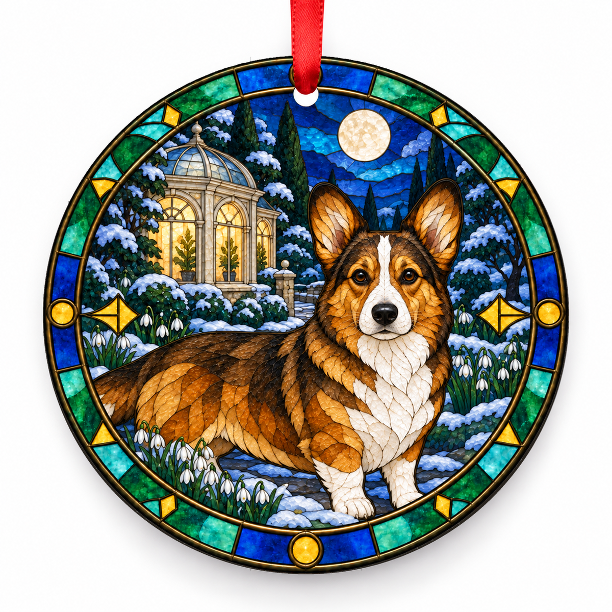 Cardigan Welsh Corgi Sable and White porcelain Christmas ornament with red ribbon — ORN-10404