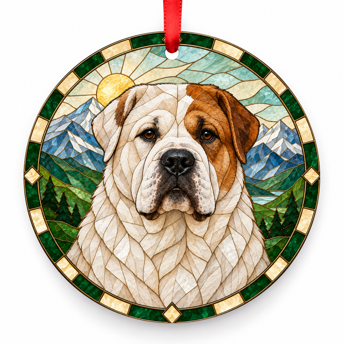Central Asia Shepherd Dog White and Brown porcelain Christmas ornament with red ribbon — ORN-10422