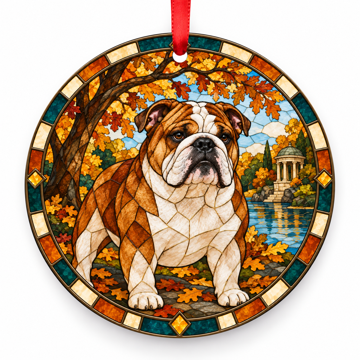 Bulldog Red and White porcelain Christmas ornament with red ribbon — ORN-10475