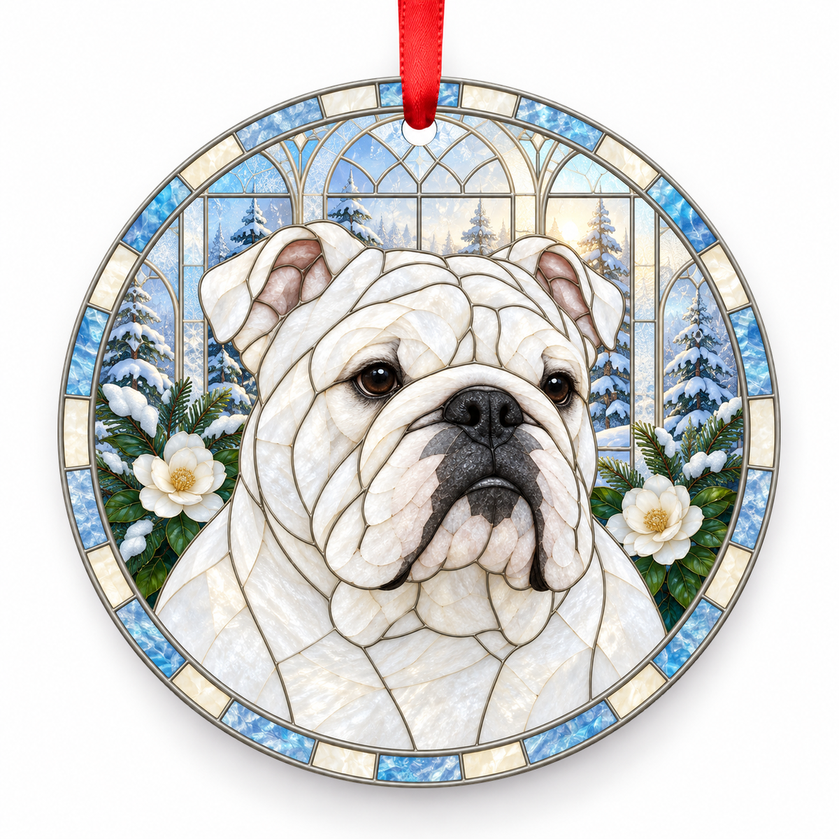 Bulldog White porcelain Christmas ornament with red ribbon — ORN-10476
