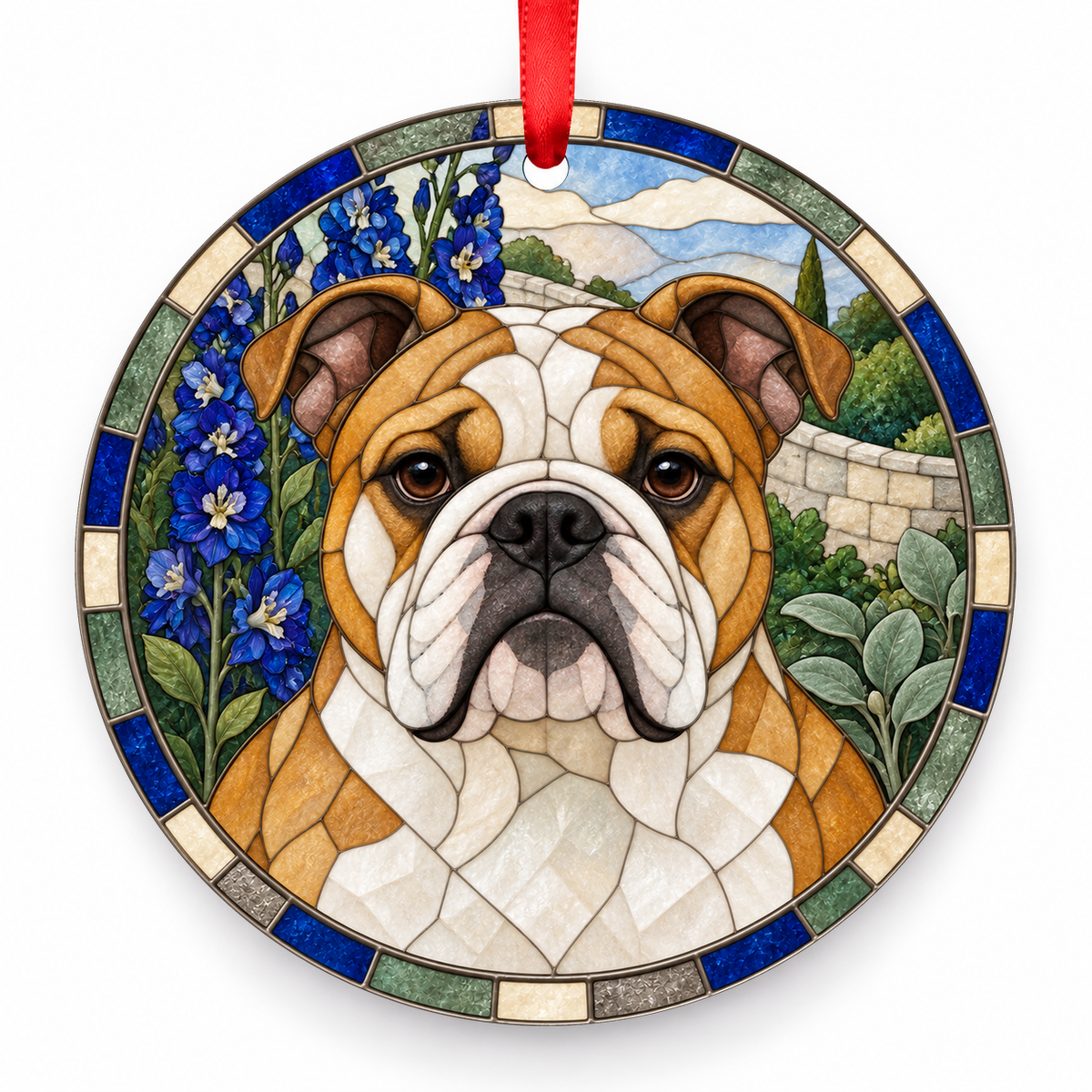 Continental Bulldog Fawn and White porcelain Christmas ornament with red ribbon — ORN-10484
