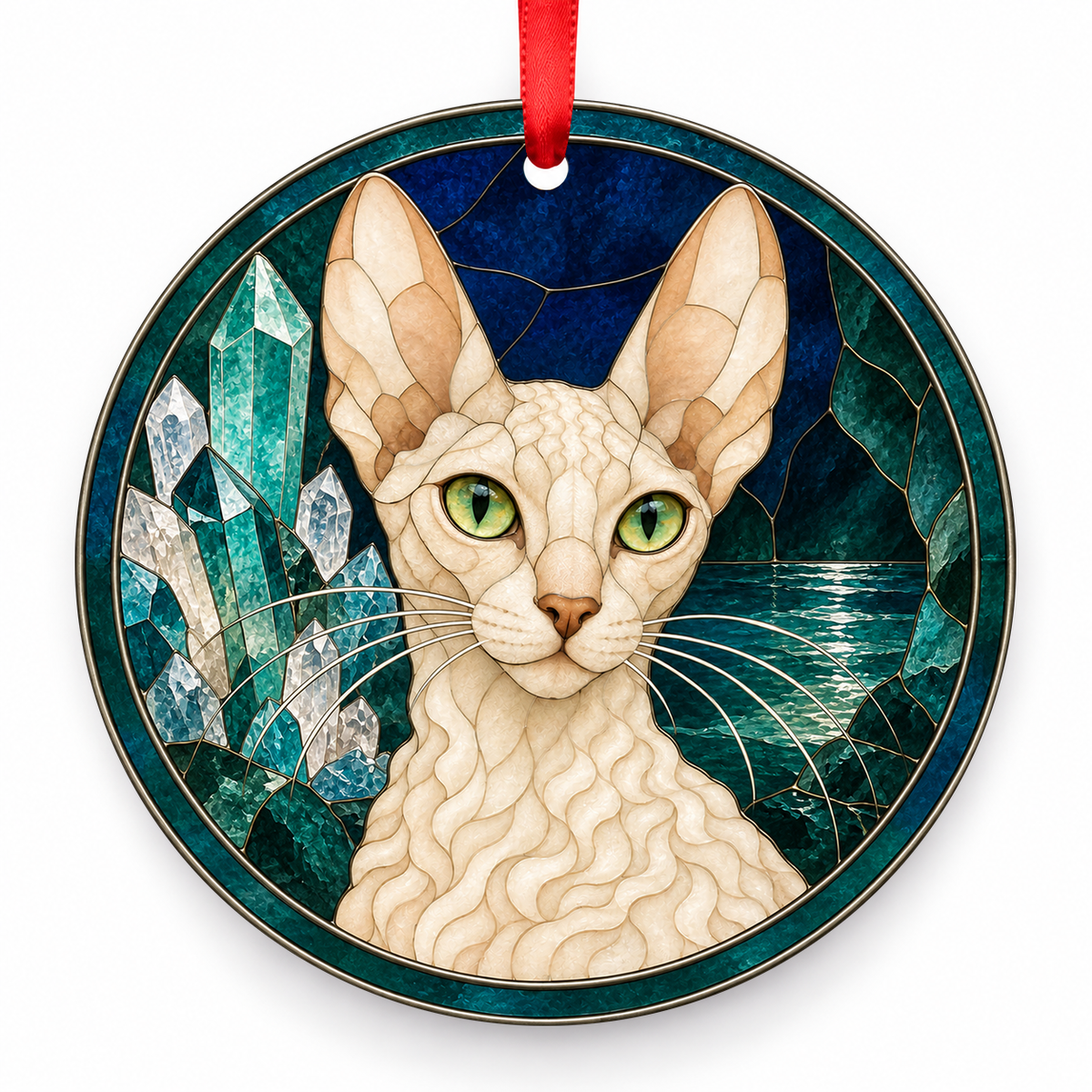 Cornish Rex Cream porcelain Christmas ornament with red ribbon — ORN-10496