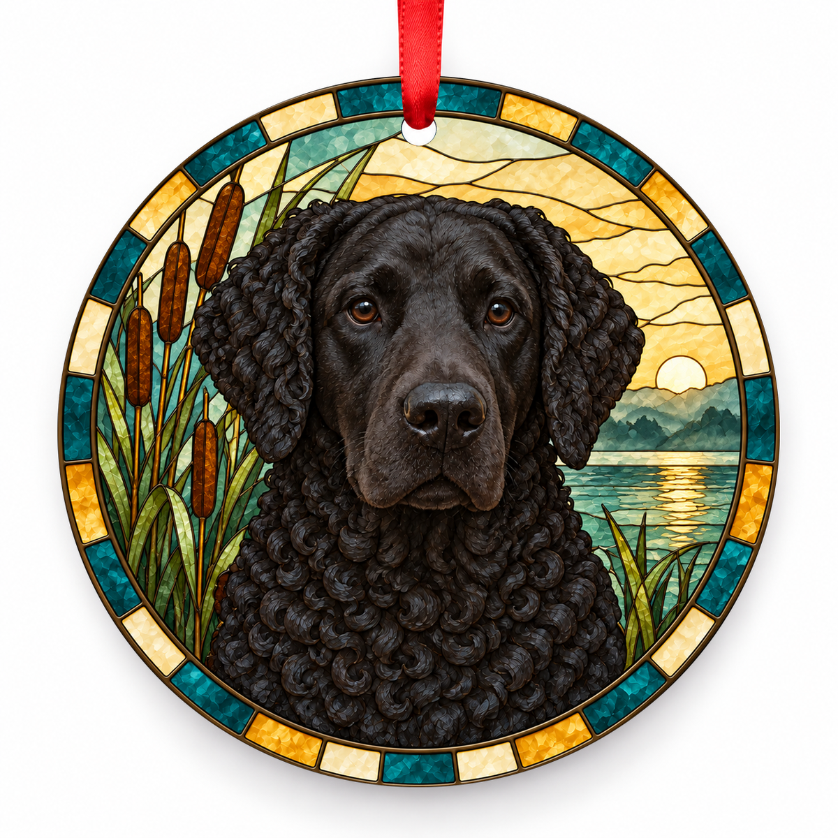 Curly-Coated Retriever Black porcelain Christmas ornament with red ribbon — ORN-10504